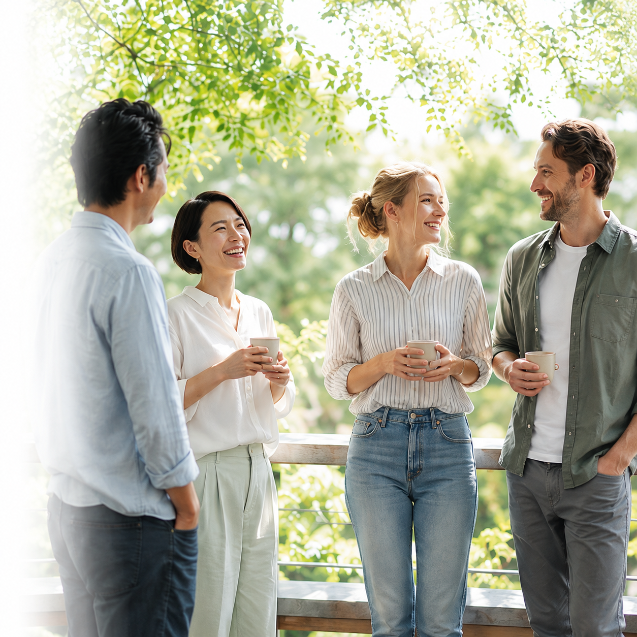 Friends enjoying a conversation on a sunlit terrace